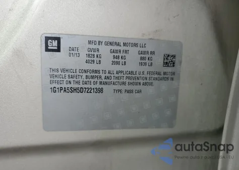 2013 Chevrolet Cruze Ls from USA, damaged, VIN 1G1PA5SH5D7221398